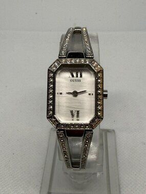 Guess Women's Silver-Tone Crystal Accented Rectangular Bracelet Watch